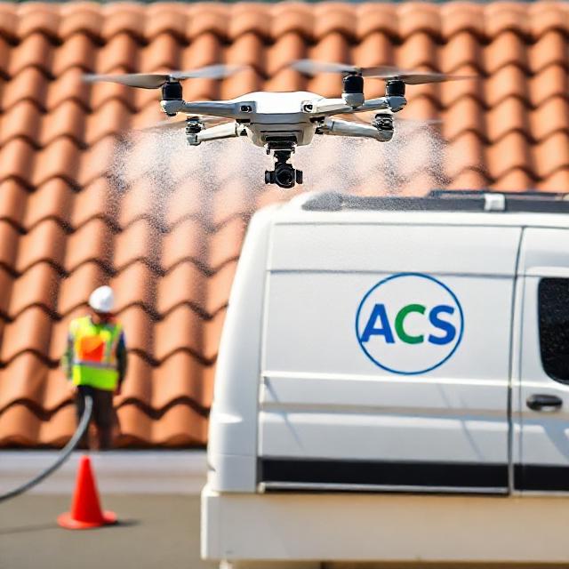 Generated: Traitement par Drone — quadcopter applying gentle cleaning spray on roof, operator in hi-vis, white van with large ACS monogram (A #0d99df, C #2ecc71, S #1f1f1f), Provence light, circular-crop friendly.