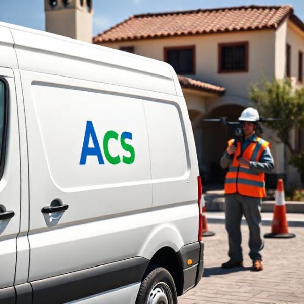 Generated: Step 1 diagnostic scene with white van showing prominent ACS monogram (A blue #0d99df, C green #2ecc71, S dark gray #1f1f1f), no other text; Provence light; circular-crop friendly.